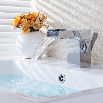 Brushed Waterfall Bathroom Sink Vessel faucet Open Channel Basin Mixer Tap Long Bath Spout